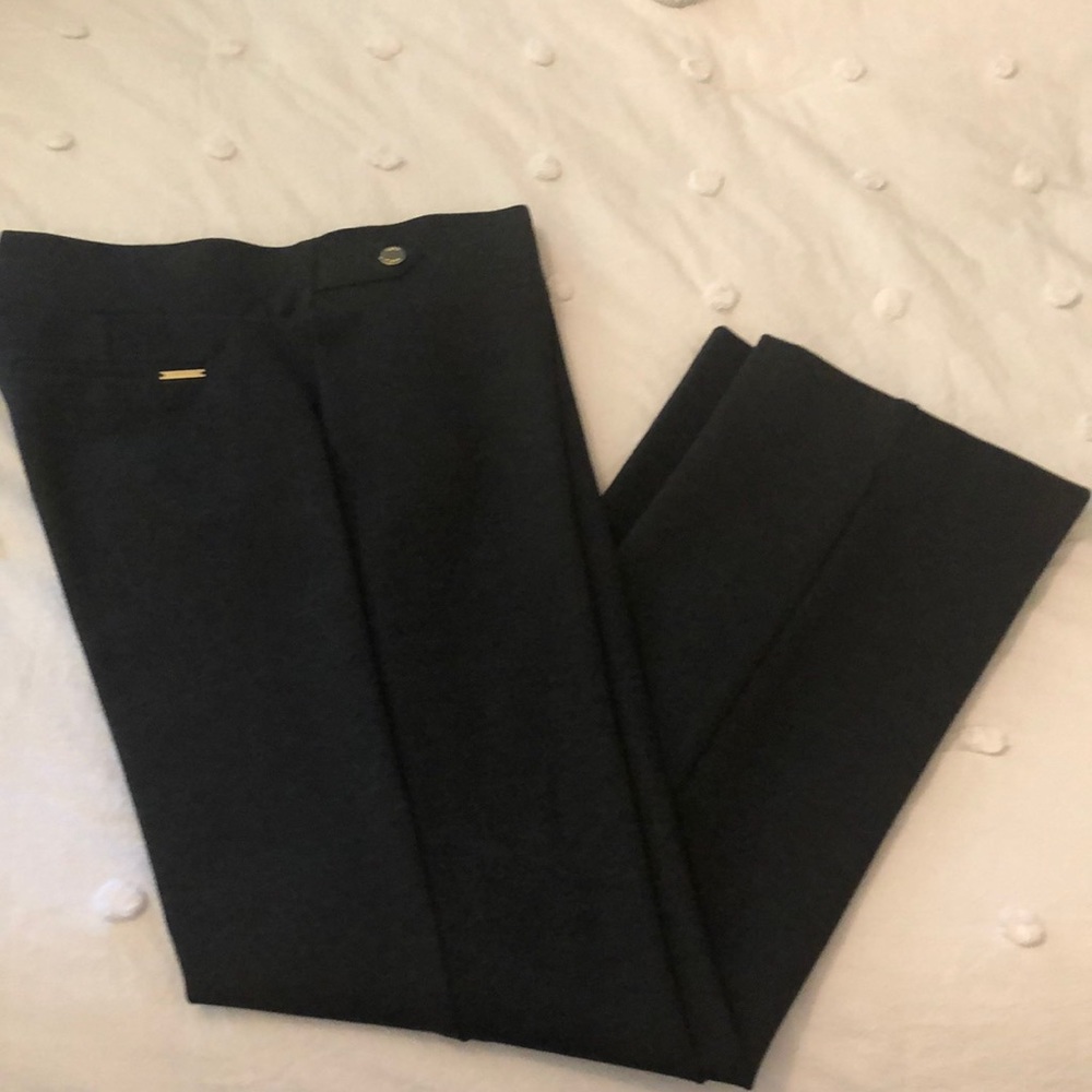 Dress pants with minimal gold details, straight leg, sits at natural waist